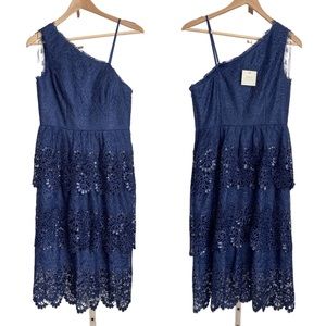 NWT Aidan by Aidan Mattox Navy Blue Lace Tiered One Shoulder Dress size 6